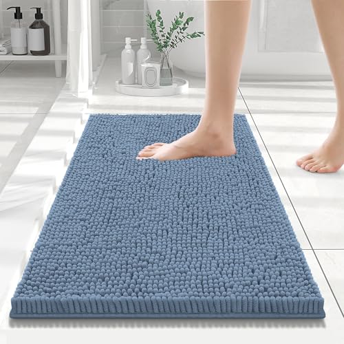 Smiry Luxury Chenille Bathroom Rugs 24x16, Extra Soft and Absorbent Shaggy Bath Mat, Machine Washable, Non-Slip Plush Carpet Runner for Tub, Shower, and Floor, Home Decor Accessories, Grayish Blue