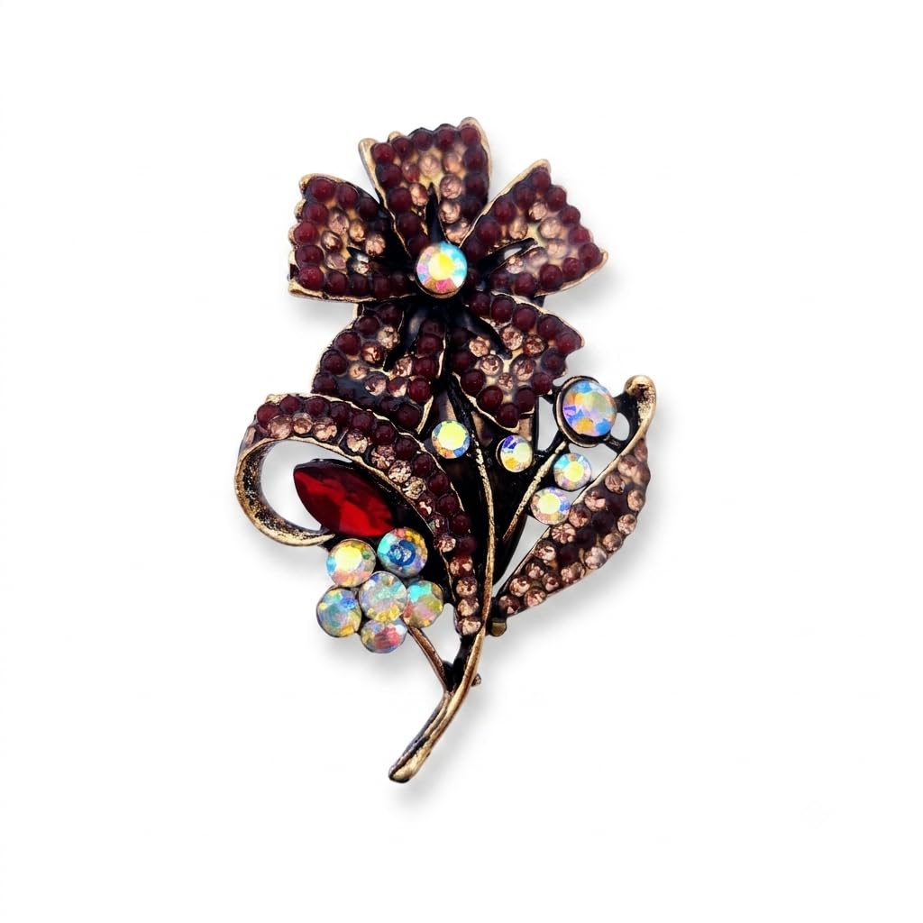 Vintage Floral Brooch Pin with Sparkling Crystal Rhinestones, Multicolour, Antique Gold Finish-image-17