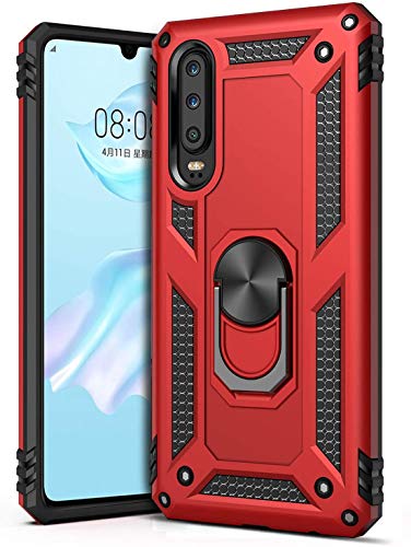 KET Ring Kickstand Phone Case for Huawei P30,Heavy Duty Dual Layer Drop Protection Huawei P30 Case,Fits Magnetic Car Mount for Huawei P30,Red