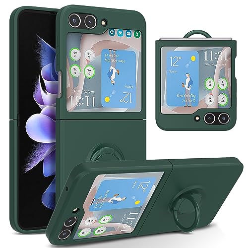 UEEBAI Case for Samsung Galaxy Z Flip 5 5G, Slim Liquid Silicone Phone Case with 360 Rotatable Ring Holder Kickstand Fashion Magnetic Car Mount Shockproof TPU Bumper Cover - Dark Green