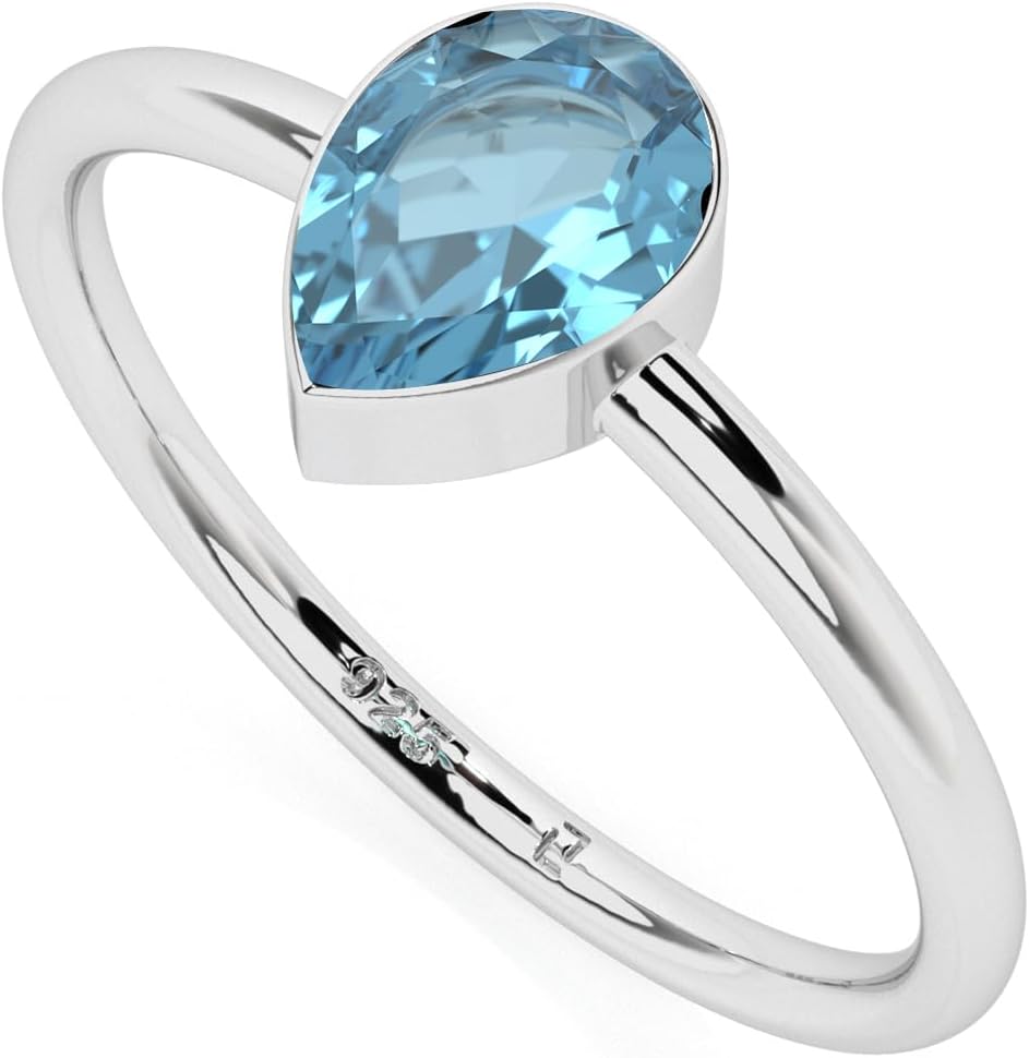 Natural Swiss Blue Topaz Stackable Ring for Women in Sterling Silver, November Birthstone Jewelry Gifts for Her (Round, Oval, Pear)