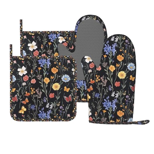 Oven Mitts Pot Holders Set Vintage Botanical Flower Wildflower Silicone Kitchen Gloves Potholders Heat Resistant for Chef Baking Cooking Grilling BBQ 4 Pack Mitt by SUPLUCHOM - Used condition - US$16.71