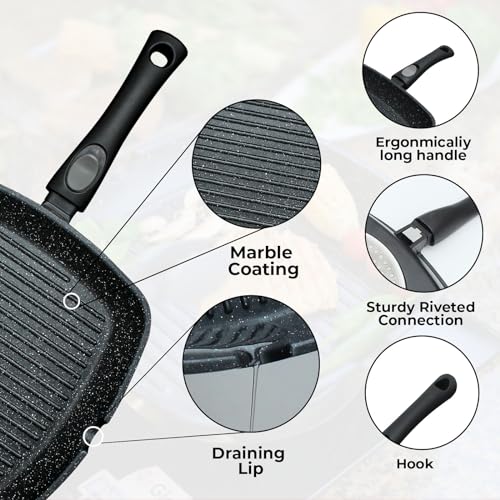 28cm Non-Stick Griddle Pan for Induction Hobs - Marble Coating - Image 6