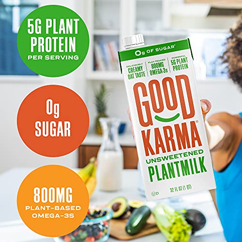 Good Karma Unsweetened Oat Milk Plus Protein and Omega-3, 32 Ounce (Pack of 6), Plant-Based Non-Dairy Milk Alternative with Oats, Flax and Peas, Lactose Free, Vegan, Shelf Stable