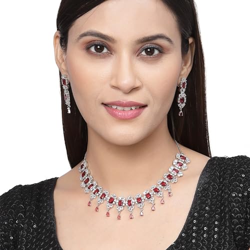 Rhodium Plated Square Shaped Silver Toned American Diamond Necklace Set