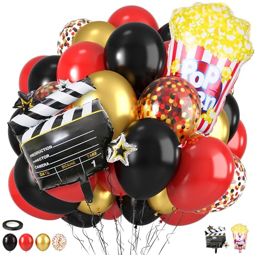 Movie Night Party Balloons, Red Black Gold Confetti Balloons with Film Clapboard and Pop Corn Foil Balloon for Boy Girl Movie Theme Party Decorations Graduation Baby Shower Birthday