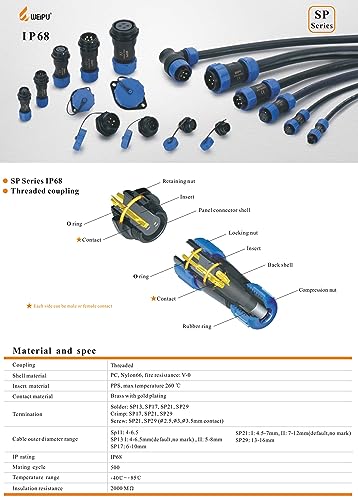 Conector eléctrico impermeable SP17 2 pines macho y hembra IP68 miniatura 6