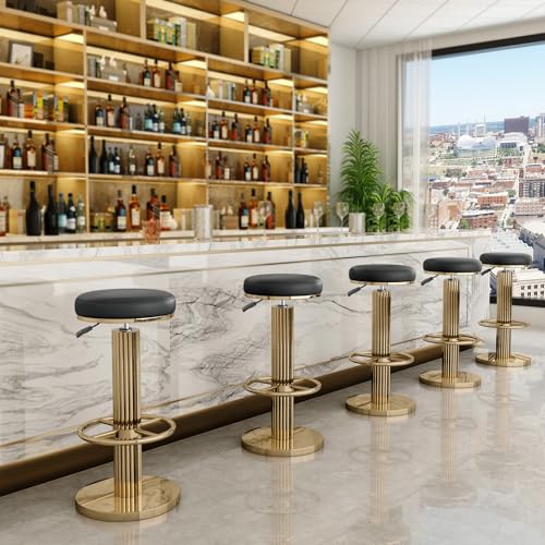 Image of FUNROLUX Gold Bar Stools Adjustable Swivel Counter Stools Modern Backless Counter Height Bar Stools for Kitchen Island with Metal Legs and Upholstered Microfiber Leather (Black)