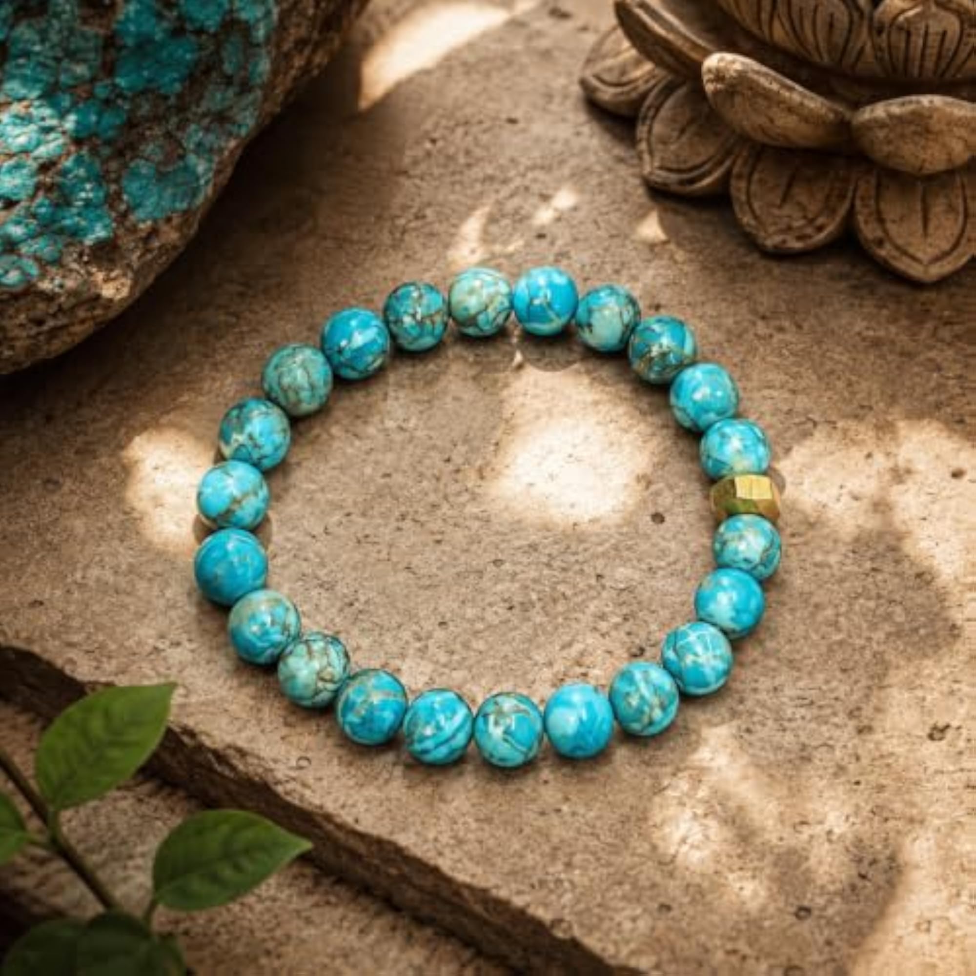 Turquoise & Brass Beads Natural Stone Bracelet, Spiritual Gift