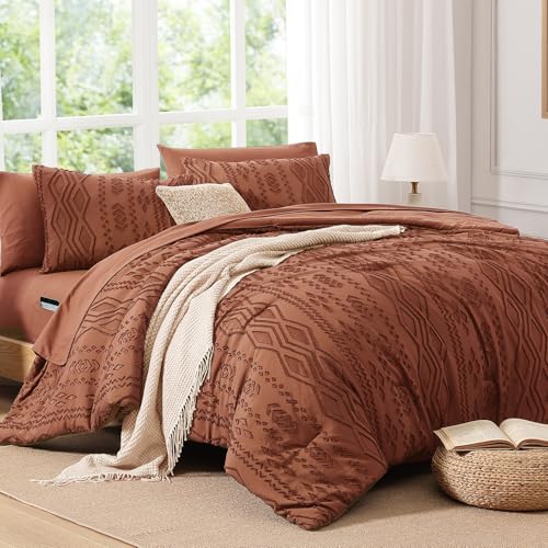Image of AMBERSPACE King Size Comforter Set Autumn Leaf, Tufted Boho Bedding Farmhouse Bed Set, All Season 7 Pieces Bed in a Bag with Sheets, Pillowcases & Shams