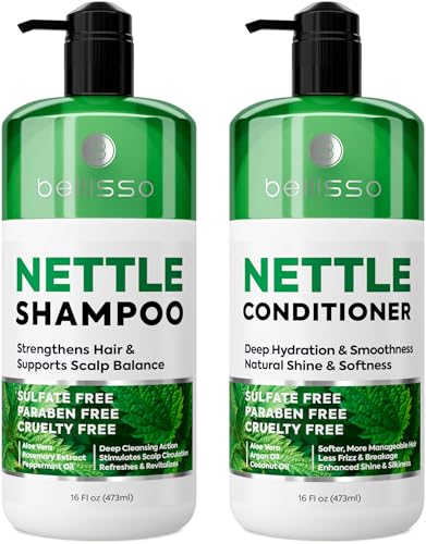 Nettle Shampoo and Conditioner Set - Sulfate Free to Boost Volume - Thickening Strengthening Volumizing Formula for Fine and Thinning Hair Women and Men - 16 Fl Oz (Pack of 2)
