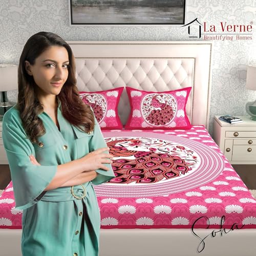 Image of La Verne 104 TC Cotton Double Bed Bedsheet Jaipuri Rajasthani Print Bedsheet with 2 Pillow Covers (Pink)