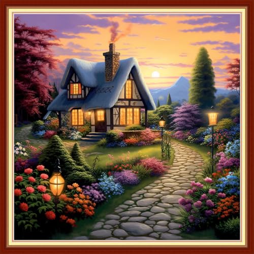 Image of Redxing Stamped Cross Stitch Kits Embroidery kit for Beginners Adults Full Range of Embroidery Patterns Starter Kits DIY Printed Cross Stitch Kits Needlepoint Kits 11CT-Dream Home 18x18 inchs
