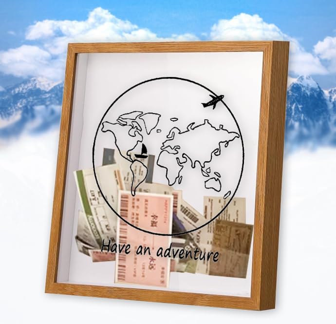 Sowoxdme Adventure Archive Travel Shadow Box with Slot for Travel Gifts Essentials,12 In Large Travel Memory Keepsake Box Frame Display Cases for Tickets Postcard & Photos(log colour)