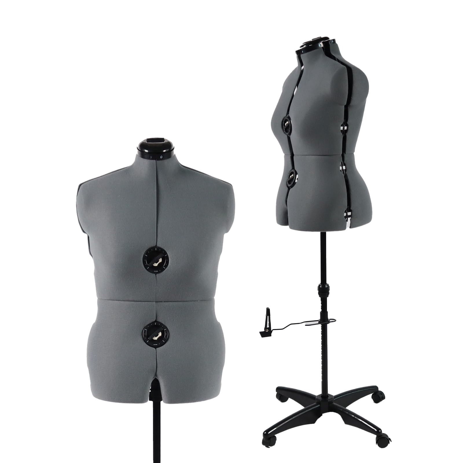 PDM WORLDWIDE Dress Forms for Sewing, Gray Female Mannequin Adjustable Size 12-18, Pinnable Model Body with 13 Dials & Detachable Casters, 42.5"-60"