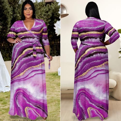 Image of Runwind Plus Size Dresses for Women Floral Maxi Dress Flowy 3 /4 Sleeve with Belt