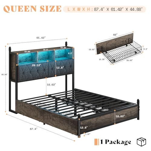 Queen-Bed-Frame-with-2-Tier-Storage-Headboard-Metal-LED-Platform-Bed-with-4-Storage-Drawers-Tufted-Linen-Upholstered-Hidden-Areas-and-Charging-Station-No-Box-Spring-NeededRustic-Grey Queen Bed Frame with 2 Tier Storage Headboard Metal LED Platform Bed with 4 Storage Drawers Tufted Linen Upholstered Hidden Areas and Charging Station No Box Spring NeededRustic Grey