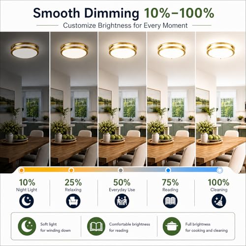 Image of 13Inch 36W Gold Modern Dimmable LED Ceiling Light Fixtures, 1-Pack 3600lm Super Bright Flush Mount Ceiling Lights, 2700K /3000K /4000K /5000K /6500K Adjustable Ceiling Lamps for Bathroom Bedroom Kitchen