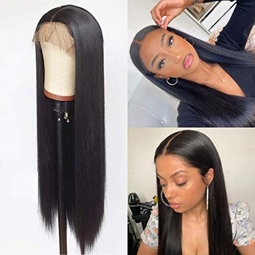 Forfeels Long Straight Black Wig Synthetic Wigs for Women Natural Middle Part Lace Wig Heat Resistant Fiber Natural Looking Wig (30inch, Black Color)