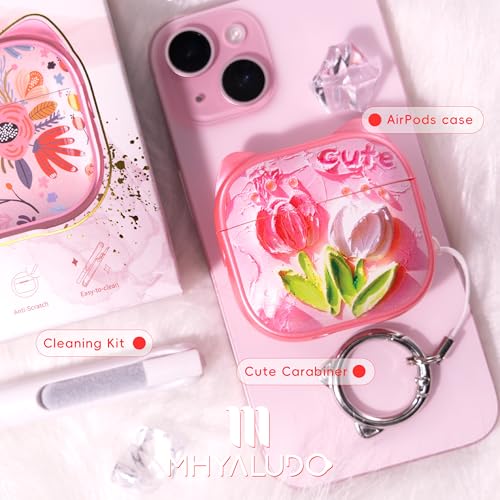 Image of for AirPods 4 Case with Cleaning Kit, Cute Cat Ear Print Design & Cute Buckle, Inverted Phone Holder Design, Top Safe Lock Buckle Design, for Girls AirPods 4 case 2024, Tulip
