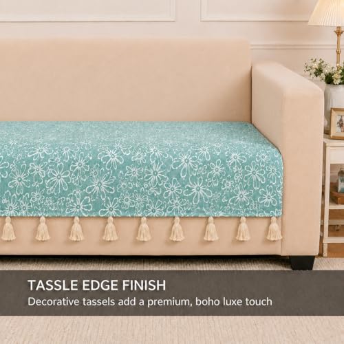 Image of STITCHNEST 'Verdant Phool Stories' 1 Seater Sofa Cover| Elegant Jacquard Fabric, Decorative Tassels, Washable & Durable for Modern Living