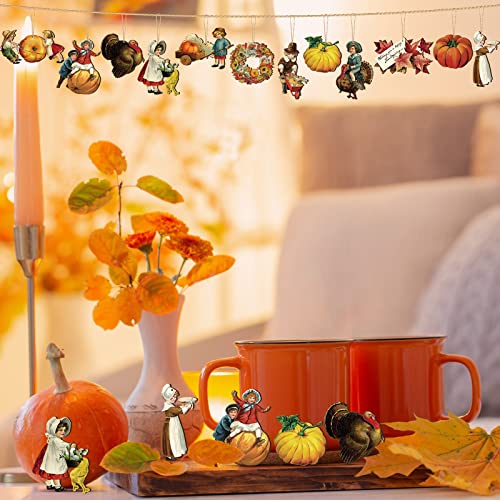 Image of 24 Pcs Fall Thanksgiving Vintage Wood Hanging Ornaments Autumn Fall Tree Hanging Sign Decorations Harvest Maple Leaf Decorative Hanging Ornaments for Holiday Party Decor