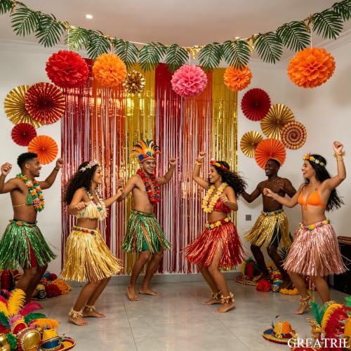 Image of Red Orange Gold Foil Fringe Backdrop Curtain - GREATRIL Party Backdrop Curtains for Birthdays Fall Pumpkin Thanksgiving Party 2 Packs