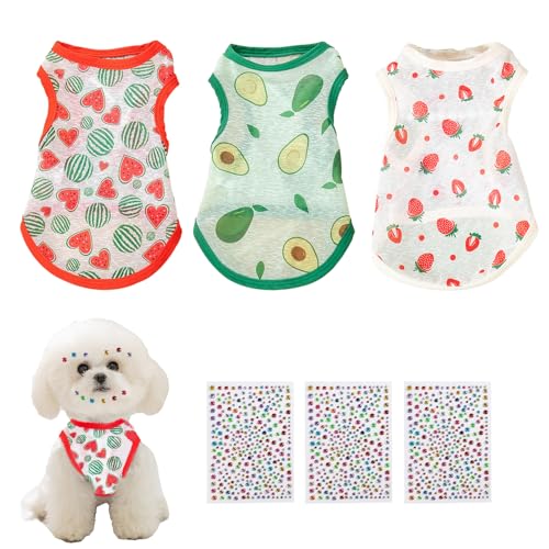 FOSDICK 3 Pezzi Maglietta per Cani, Vestiti per Cani Estiva, Traspirante T-shirt Per cani, Carino Vestiti Cane, Gilet Estivo Senza Maniche per Animali Domestici di Piccole Medie, con Strass Adesivi