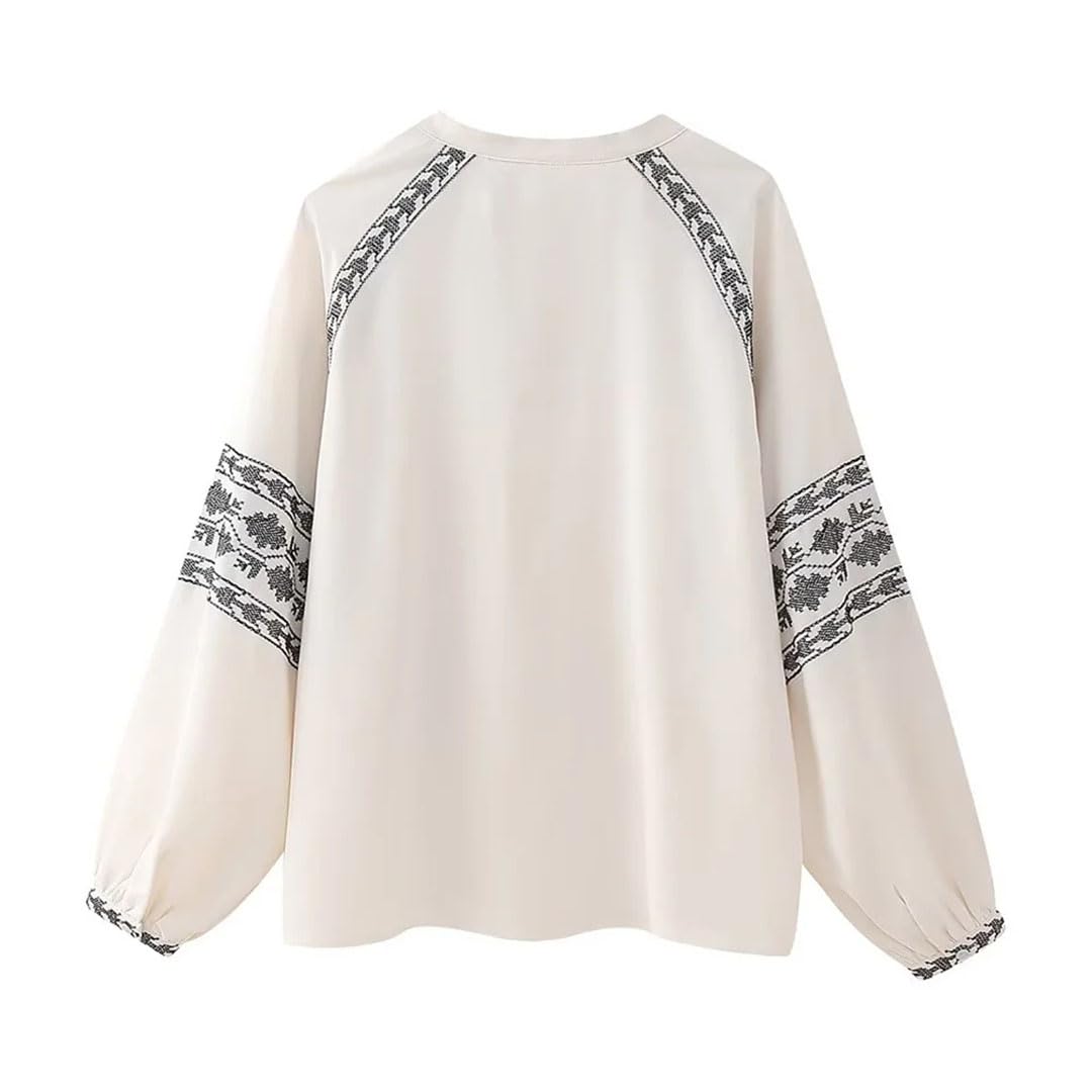 Donne Primavera Scollo a V Manica Lunga Monopetto Allentato Top Contrasto Ricamato Cover Up