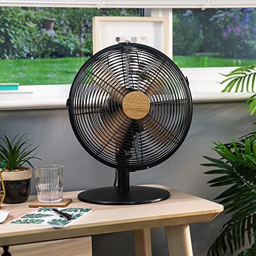 Russell Hobbs RHMDF1201WDB 12" Scandi Electric Desk Fan, 3 Speed Settings, Oscillating Fan & Adjustable Tilt, 45W, Black and Wood Effect