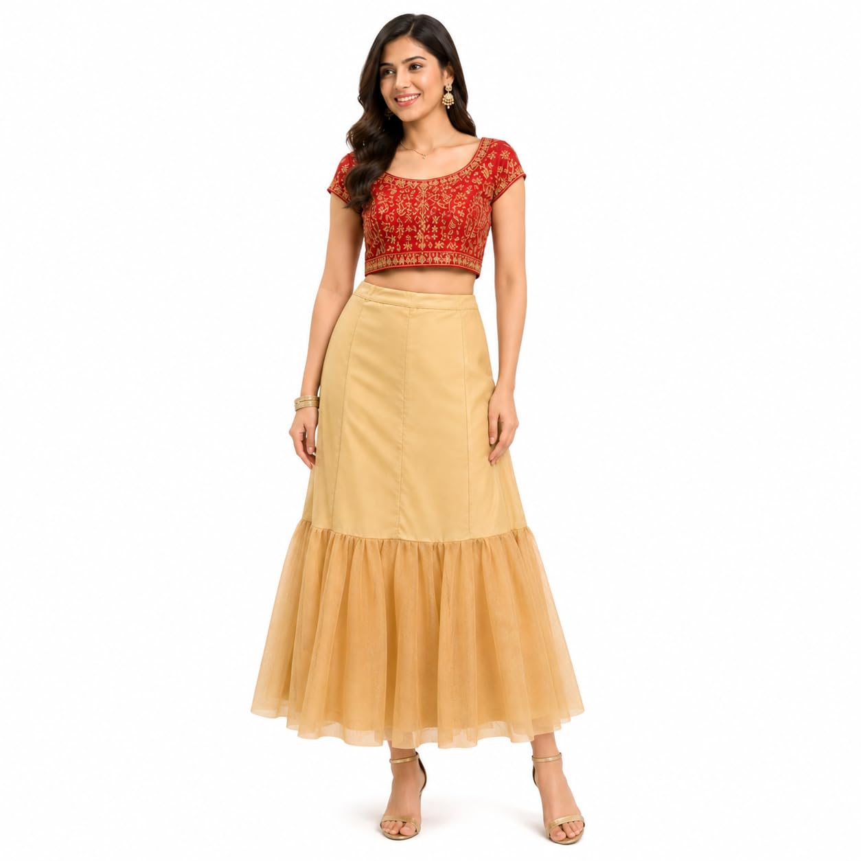 little panda Women Hard Cancan Skirt Petticoat Hoop-Less Underskirt for Lehenga | Can Can Skirt Without Rings for Women | Free Size (28-36 inch) Adjustable Drawstring Waist | Beige-picture-38