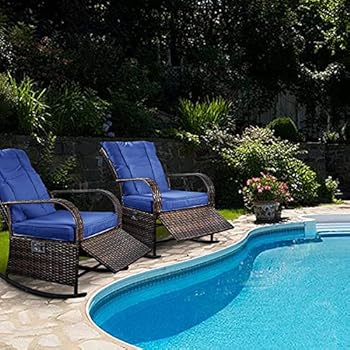 Alternative view of SCYL Color Your Life Indoor & Outdoor Set of 2 PE Wicker Rocking Chairs, Auto Adjustable Rattan Reclining Chair Patio Furniture w/Water-Proof Cushion for Porch Garden Lawn Deck(Blue)