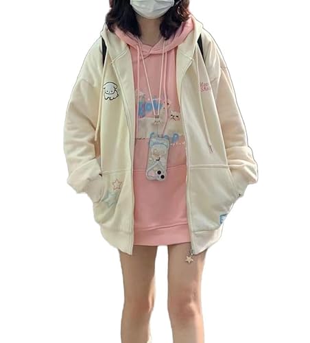 CheJooe Sudadera con capucha con bordado de dibujos animados Kawaii para mujer, linda cremallera, grande, Harajuku Kawaii, adolescente, con bolsillo grueso, Beige-thick, S