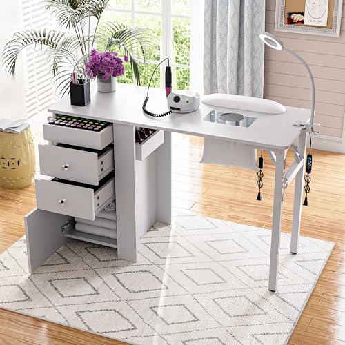 Foldable Nail Table with Dust Collector, Manicure Desk for Nail Tech, with LED Lamp, Wrist Rest,...