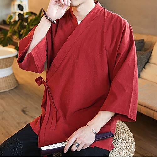 Image of Men's Chinese Style Linen Cardigan Jacket loose kimono Jacket Solid Color Self-tie Hanfu Traditional Clothing