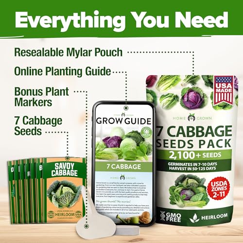 Image of HOME GROWN Cabbage Seeds 7 Variety Mix 2000+ Heirloom Non-GMO, High Germination, Bok Choy, Red & Green Acre, Savoy, Napa Michihili, Copenhagen Market, Jersey Wakefield, Cold Hardy
