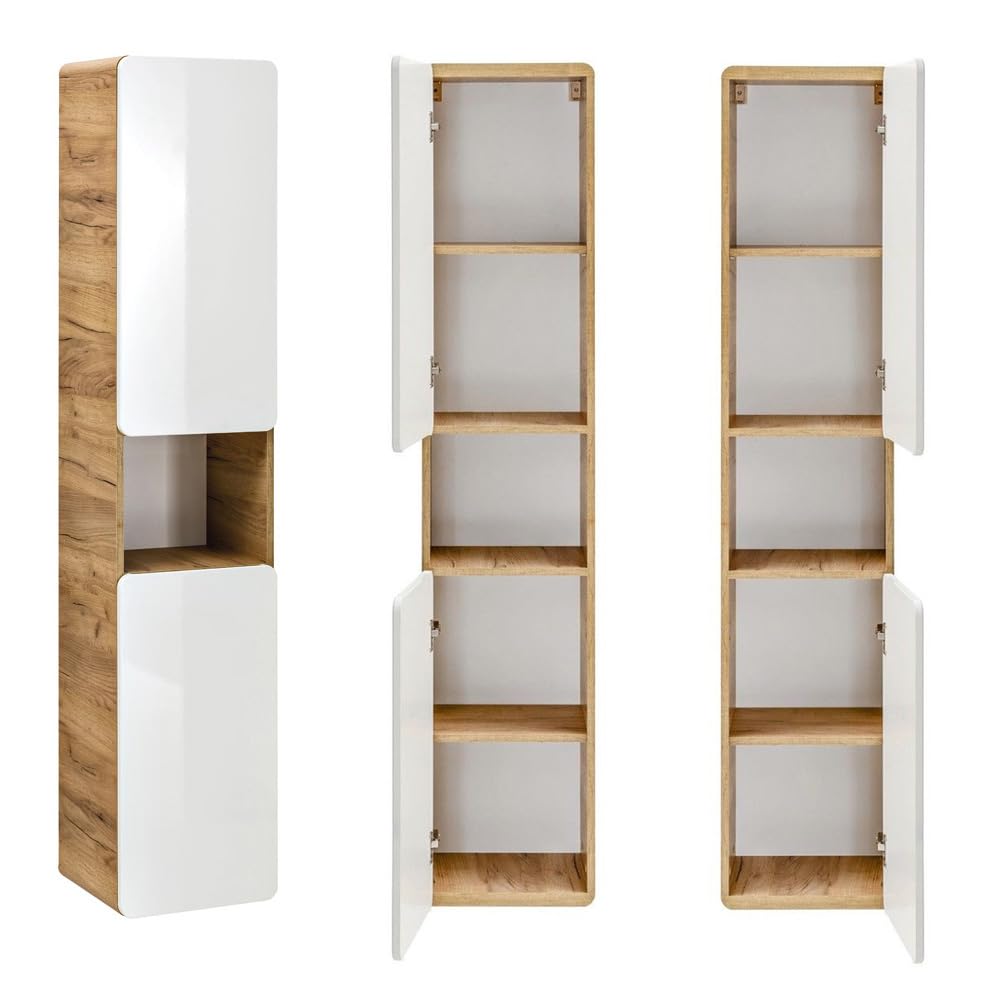 Lomadox Badmöbel Set in Hochglanz weiß mit Wotan Eiche Nb., Keramik-Waschtisch mit 81 cm Unterschrank, LED-Spiegelschrank, Hängeschränke, Hochschrank