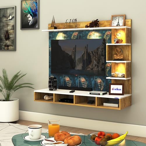 Image of Anikaa Laura Engineered Wood Wall-Mount TV Unit with Printed PVC Back Panel & LED Lights | TV Cabinet with Storage Box & Decorative Shelves (Giantwood /White) for TVs up to 43Inch | DIY Installation