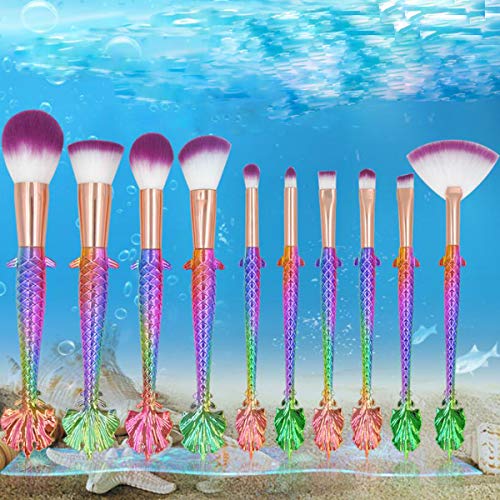 Make Up Brushes Set Makeup Brushes Kit Cosmetic Brushes Tool Kit 10Pcs Mermaid Make Up Brushes Set Eyebrow Eyeliner Blush Synthetic Kabuki Foundation Blending Blush Beauty Cosmetic Tools