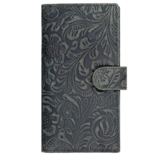 Image of Oak Leathers Checkbook Cover Slim Minimalist For Men with RFID Blocking Credit Card Holder Wallet (Vintage Flower Green)
