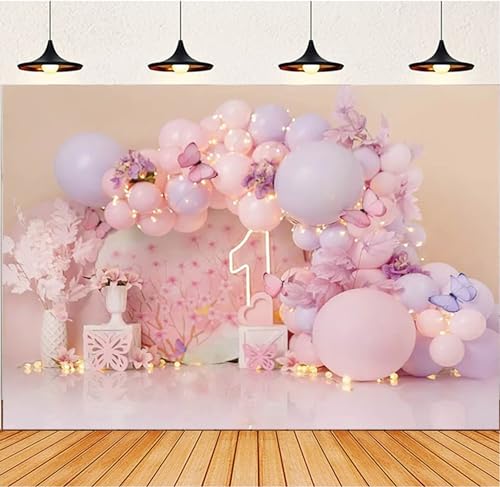 Toile de fond 1er anniversaire fille rose avec ballons pour shooting photo smash cake