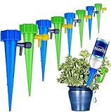 16 Pack Self Watering Spikes, Slow Release Control Valve Switch Automatic Irrigation Watering Drip System, Adjustable Water Volume Drip System for Outdoor and Vacation Plant Watering（8 Green & 8 Blue）