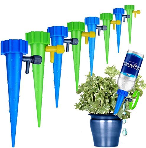 16 Pack Self Watering Spikes, Slow Release Control Valve Switch Automatic Irrigation Watering Drip System, Adjustable Water Volume Drip System for Outdoor and Vacation Plant Watering（8 Green & 8 Blue）