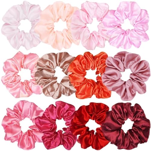 Sufermoe 12 Pcs Satin Silk Hair Scrunchies, Assorted Red, 4.5 Inch Hair Ties for Women Girls