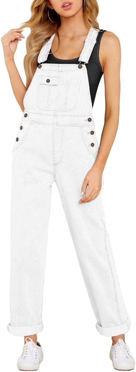 Vetinee (2XL) Womens Overalls Denim Stretch Straight Leg Jeans Overall Regular Fit Bib Jean Jumpsuits Comfy Adjustable Straps XX-Large Brilliant White