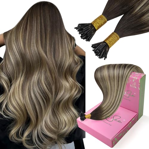 Image of YoungSee I Tip Extensions Balayage, I Tips Hair Extensions Real Human Hair, Ombre Dark Brown with Ash Blonde, Itip Human Hair Extension, 18 Inch 55 Strands 50g, for All-day Wear