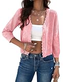 Kate Kasin Cropped Cardigans for Women Lightweight 3/4 Sleeve Button Down Crochet Knit Textured Shrug Sweaters Top Pink Large