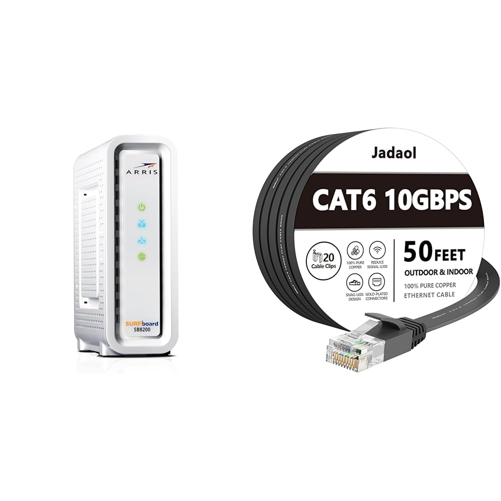 ARRIS Surfboard SB8200 DOCSIS 3.1 Cable Modem, Approved for Comcast Xfinity, Cox, Charter Spectrum &amp; Cat 6 Ethernet Cable 50 Ft, Outdoor &amp; Indoor, 10Gbps Support Cat8 Cat7 Network