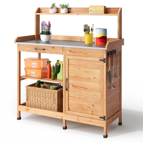 Blishom Tavolo da Giardinaggio,Tavolo per Piante,Tavolo Lavoro da Giardino in Legno Massello con Piano Lavoro, Ripiano Regolabile e Armadietto, Balcone, Terrazzo 112x46x125 cm Natural