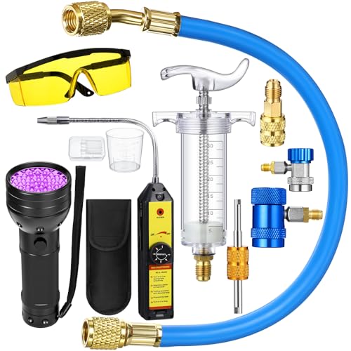 Tellegloww 8 Pcs Ac Leak Detector Kit R1234yf R134a R410a Hand Push Compressor Manual Ac Oil UV Dye Injector Refrigerant Leak Detector Tool Low Side Quick Coupler Mini Split Adapter Glasses Flashlight